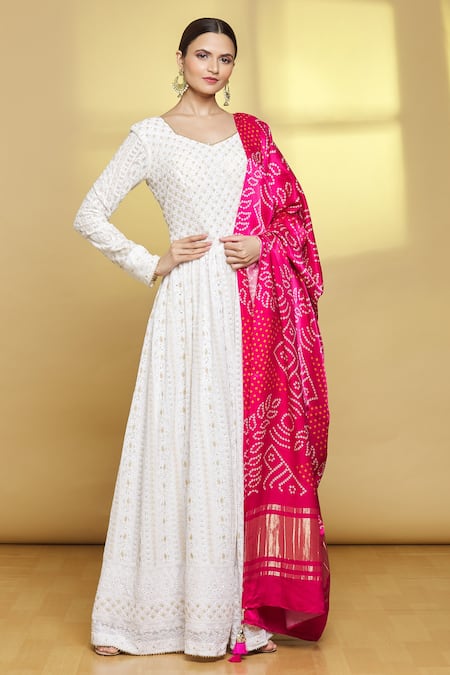 Partywear Designer Bandhani Pure Maslin Stitched Suit With Dupatta - Pink /  XXL(44) / Pure Maslin