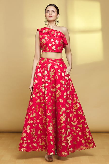 Samyukta Singhania Red Cotton Foil One Shoulder Crop Top And Skirt Set