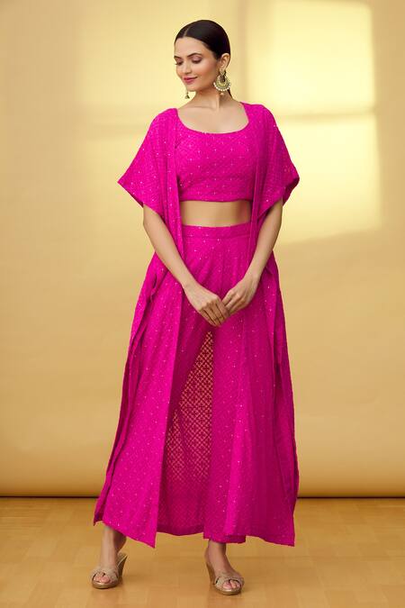 Samyukta Singhania Pink Georgette Chikankari Jacket And Pant Set