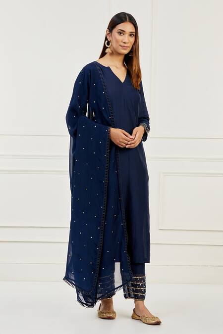 Ikshita Choudhary Blue Chanderi Embroidered Chita V Neck Kurta And Pant Set Online at Aza Fashions Ikshita Choudhary_Blue Chanderi Embroidered Chita V Neck Kurta And Pant Set_Online_at_Aza_Fashions