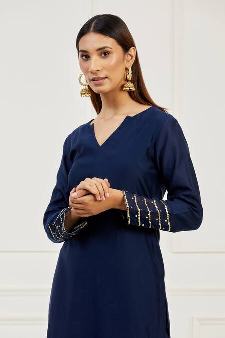 Shop Ikshita Choudhary Blue Chanderi Embroidered Chita V Neck Kurta And Pant Set Online at Aza Fashions Shop_Ikshita Choudhary_Blue Chanderi Embroidered Chita V Neck Kurta And Pant Set_Online_at_Aza_Fashions