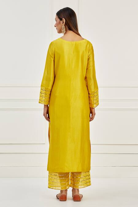 Shop Ikshita Choudhary Yellow Chanderi Embroidered Chita Round Kurta Pant Set at Aza Fashions Shop_Ikshita Choudhary_Yellow Chanderi Embroidered Chita Round Kurta Pant Set_at_Aza_Fashions