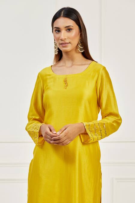 Shop Ikshita Choudhary Yellow Chanderi Embroidered Chita Round Kurta Pant Set Online at Aza Fashions Shop_Ikshita Choudhary_Yellow Chanderi Embroidered Chita Round Kurta Pant Set_Online_at_Aza_Fashions