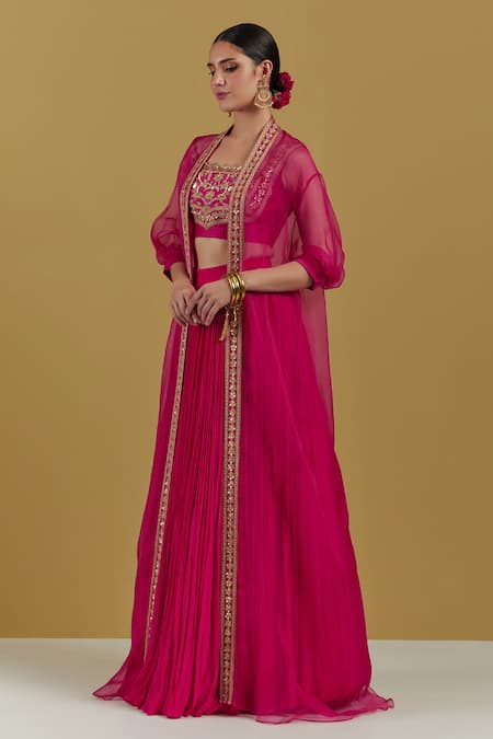 Buy_Ikshita Choudhary_Magenta Crepe Cut Dana , Sequin And Zari Square & Embroidered Blouse _Online_at_Aza_Fashions