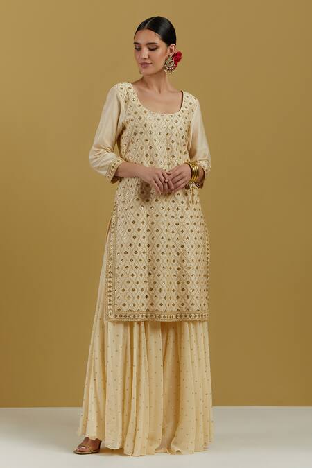 Buy Ikshita Choudhary Beige Organza Hand Embroidered Sequin And Cutdana Work Chanderi Kurta Online at Aza Fashions Buy_Ikshita Choudhary_Beige Organza Hand Embroidered Sequin And Cutdana Work Chanderi Kurta_Online_at_Aza_Fashions