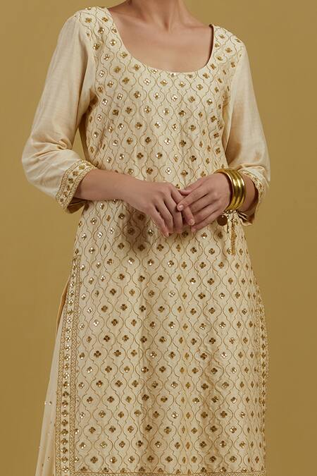 Shop Ikshita Choudhary Beige Organza Hand Embroidered Sequin And Cutdana Work Chanderi Kurta Online at Aza Fashions Shop_Ikshita Choudhary_Beige Organza Hand Embroidered Sequin And Cutdana Work Chanderi Kurta_Online_at_Aza_Fashions
