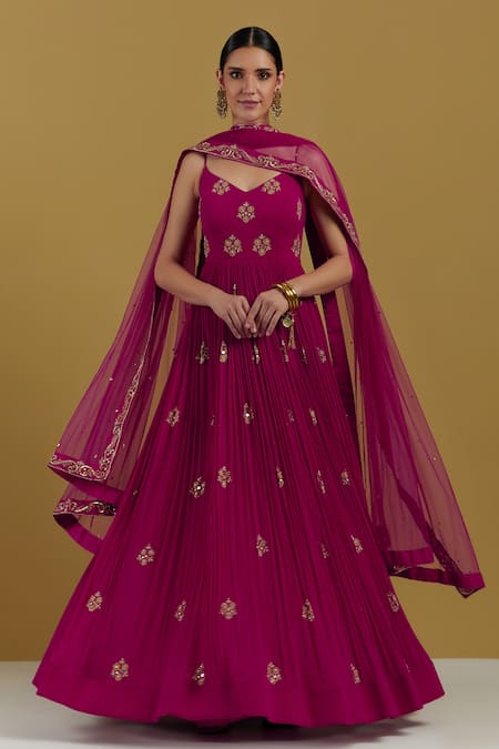 Buy_Ikshita Choudhary_Magenta Georgette Sequin And Cutdana V Neck Strappy Anarkali _Online_at_Aza_Fashions
