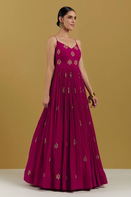 Ikshita Choudhary_Magenta Georgette Sequin And Cutdana V Neck Strappy Anarkali _Online_at_Aza_Fashions