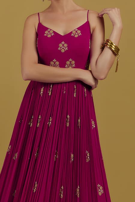 Shop_Ikshita Choudhary_Magenta Georgette Sequin And Cutdana V Neck Strappy Anarkali _Online_at_Aza_Fashions
