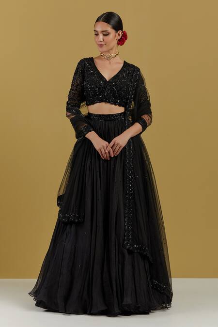 Ikshita Choudhary_Black Organza Sequin And Cut Dana Work Floral Embroidered Pleated Lehenga_Online_at_Aza_Fashions