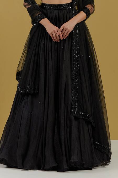 Shop_Ikshita Choudhary_Black Organza Sequin And Cut Dana Work Floral Embroidered Pleated Lehenga_Online_at_Aza_Fashions