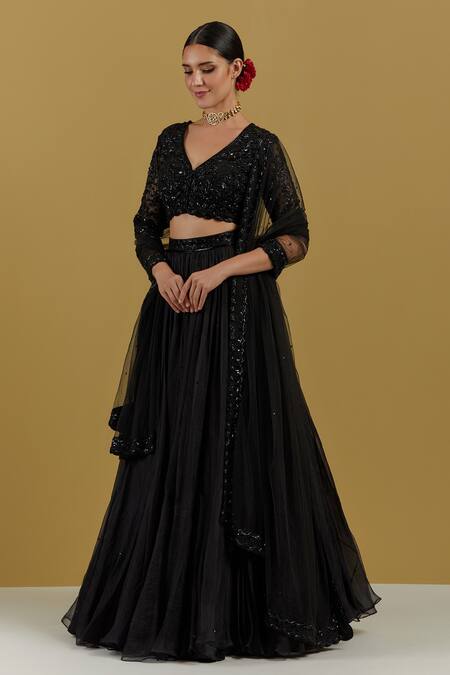 Buy_Ikshita Choudhary_Black Net Sequin And Cutdana Work Floral Embroidered Dupatta_Online_at_Aza_Fashions