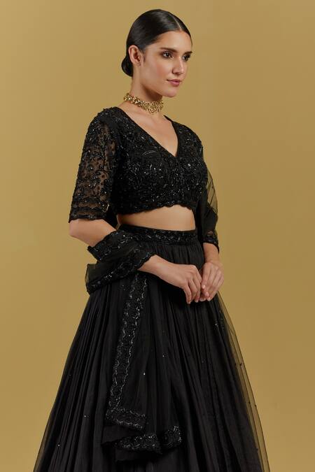 Shop_Ikshita Choudhary_Black Net Sequin And Cutdana Work Floral Embroidered Dupatta_Online_at_Aza_Fashions