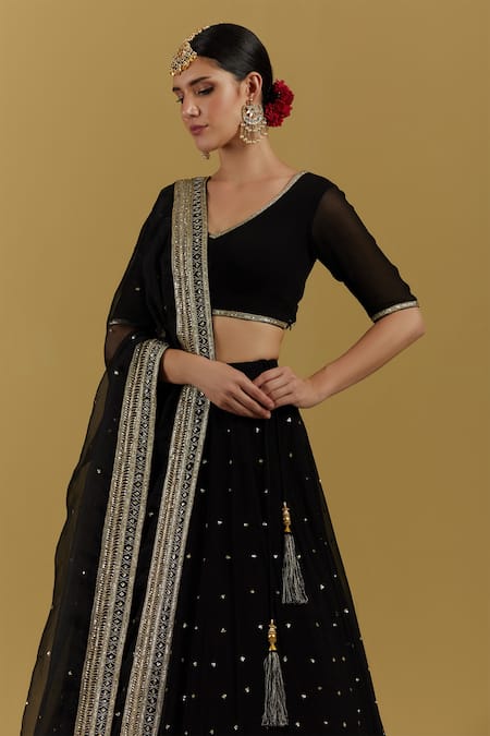 Ikshita Choudhary_Black Organza Embroidery Sequin And Bugle Beads Hand Dupatta_Online_at_Aza_Fashions