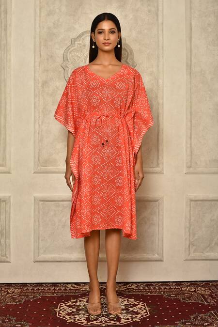 Buy_Aryavir Malhotra_Peach Cotton Bandhani Print Kaftan_Online_at_Aza_Fashions