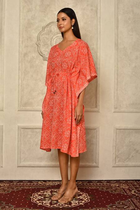 Shop_Aryavir Malhotra_Peach Cotton Bandhani Print Kaftan_Online_at_Aza_Fashions