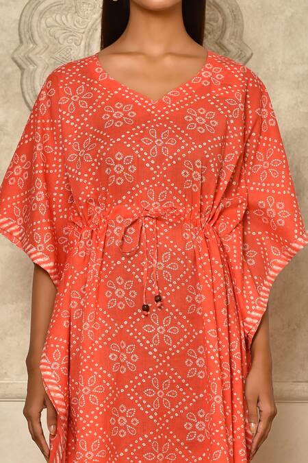 Aryavir Malhotra_Peach Cotton Bandhani Print Kaftan_at_Aza_Fashions