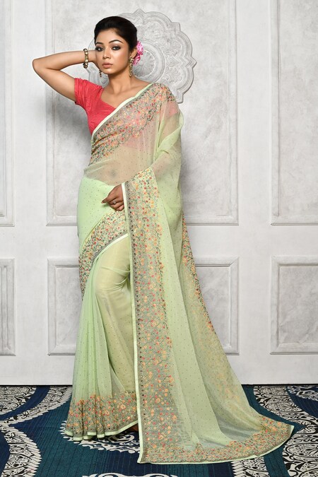 lime green handwoven linen saree with silver tissue border with kalamk