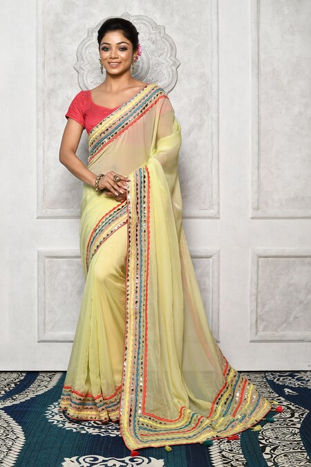 Buy Lemon Yellow Saree In Organza With Multi Colored Applique Flowers On  The Border And Cut Dana Accents KALKI Fashion India