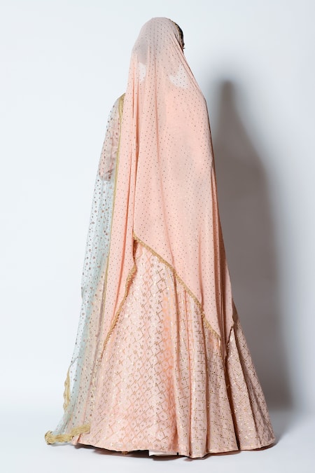Shop Rishi and Vibhuti Peach Chanderi Silk, Dupion And Net Pearls & Floral Zuri Bridal Lehenga Set at Aza Fashions Shop_Rishi and Vibhuti_Peach Chanderi Silk, Dupion And Net Pearls & Floral Zuri Bridal Lehenga Set _at_Aza_Fashions
