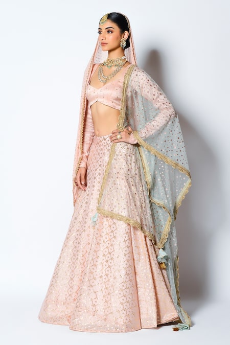 Rishi and Vibhuti Peach Chanderi Silk, Dupion And Net Pearls & Floral Zuri Bridal Lehenga Set Online at Aza Fashions Rishi and Vibhuti_Peach Chanderi Silk, Dupion And Net Pearls & Floral Zuri Bridal Lehenga Set _Online_at_Aza_Fashions