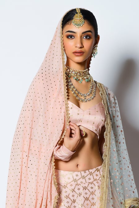 Buy Rishi and Vibhuti Peach Chanderi Silk, Dupion And Net Pearls & Floral Zuri Bridal Lehenga Set Online at Aza Fashions Buy_Rishi and Vibhuti_Peach Chanderi Silk, Dupion And Net Pearls & Floral Zuri Bridal Lehenga Set _Online_at_Aza_Fashions