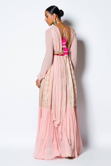 Shop_Rishi And Vibhuti_Peach Chanderi Silk And Georgette Floral Motifs Scoop Dilkash Saree Gown With Belt _at_Aza_Fashions
