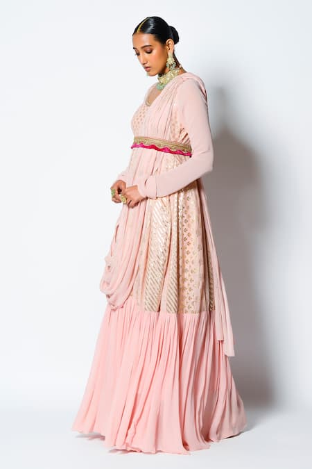Rishi And Vibhuti_Peach Chanderi Silk And Georgette Floral Motifs Scoop Dilkash Saree Gown With Belt _Online_at_Aza_Fashions