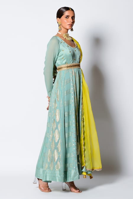 Rishi and Vibhuti_Green Chanderi Georgette And Organza Geometric Motifs Aajiz Anarkali With Dupatta_Online_at_Aza_Fashions