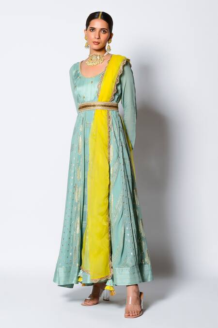 Buy_Rishi and Vibhuti_Green Chanderi Georgette And Organza Geometric Motifs Aajiz Anarkali With Dupatta_Online_at_Aza_Fashions