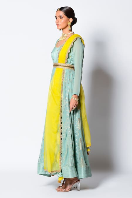 Shop_Rishi and Vibhuti_Green Chanderi Georgette And Organza Geometric Motifs Aajiz Anarkali With Dupatta_Online_at_Aza_Fashions