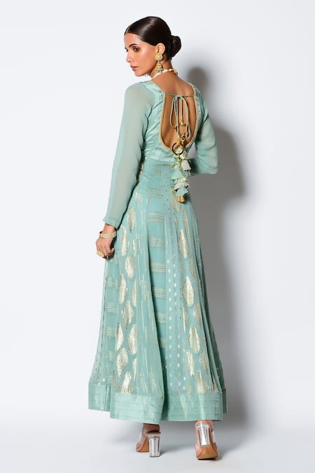 Rishi and Vibhuti_Green Chanderi Georgette And Organza Geometric Motifs Aajiz Anarkali With Dupatta_at_Aza_Fashions