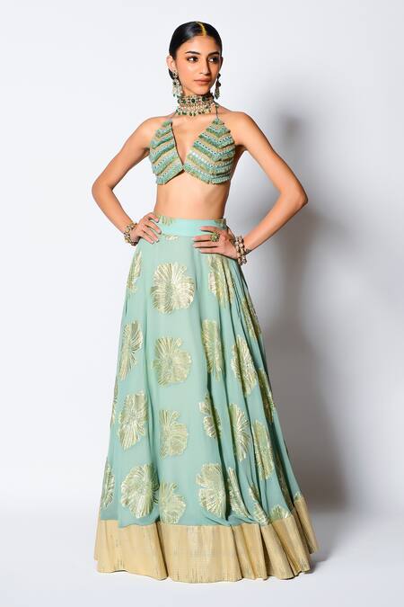 Buy_Rishi and Vibhuti_Green Georgette And Net Floral Motifs & Mirror Work Halter Sama Lehenga Set _Online_at_Aza_Fashions