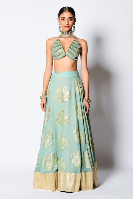 Rishi and Vibhuti_Green Georgette And Net Floral Motifs & Mirror Work Halter Sama Lehenga Set _Online_at_Aza_Fashions