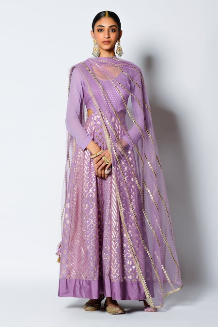 Rishi and Vibhuti Purple Chanderi Silk And Net Woven & Embroidery Riwaayat Anarkali With Dupatta 