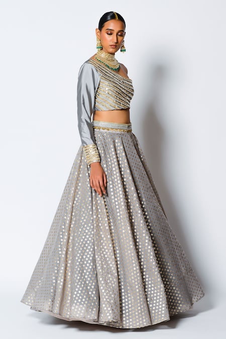 Rishi and Vibhuti_Grey Nisha One Shoulder Blouse And Lehenga Set _Online_at_Aza_Fashions