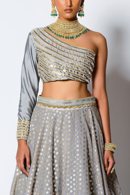 Buy_Rishi and Vibhuti_Grey Nisha One Shoulder Blouse And Lehenga Set _Online_at_Aza_Fashions