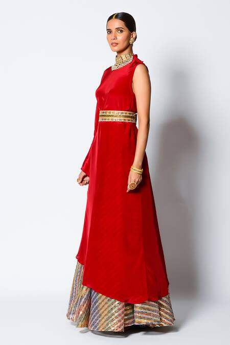 Rishi and Vibhuti_Red Crepe And Chanderi Round Sareem Cape Lehenga Set_Online_at_Aza_Fashions