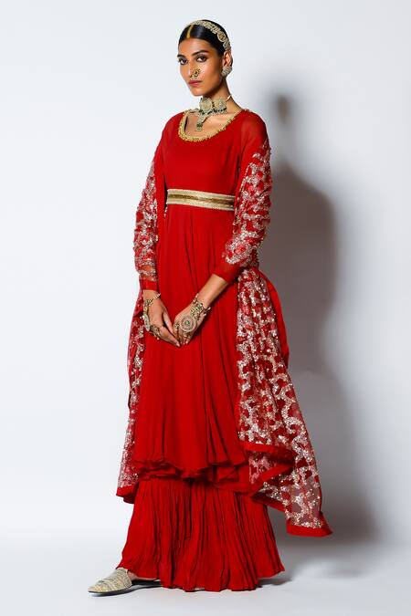Rishi and Vibhuti_Red Georgette And Net Sequin & Ghungroo Round Aaina Anarkali Palazzo Set _Online_at_Aza_Fashions