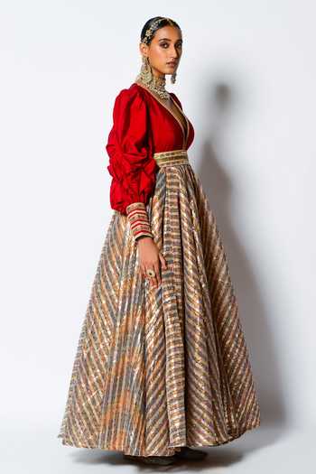 Rishi and Vibhuti_Red Dupion And Chanderi V Neck Malika Anarkali With Belt _Online_at_Aza_Fashions