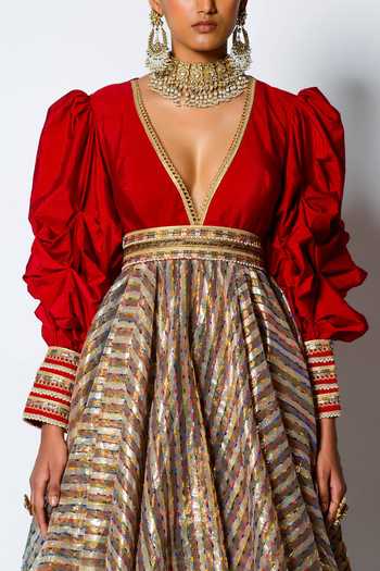 Buy_Rishi and Vibhuti_Red Dupion And Chanderi V Neck Malika Anarkali With Belt _Online_at_Aza_Fashions