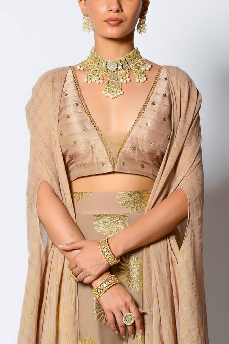 Buy_Rishi and Vibhuti_Gold Dupion Silk And Georgette Floral Motifs & Sequin Leaf Meher Cape Lehenga Set_Online_at_Aza_Fashions