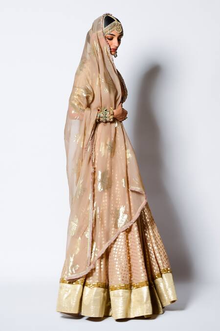 Rishi and Vibhuti_Gold Chanderi Silk Floral Motifs And Sequin V Neck Malang Bridal Lehenga Set _Online_at_Aza_Fashions