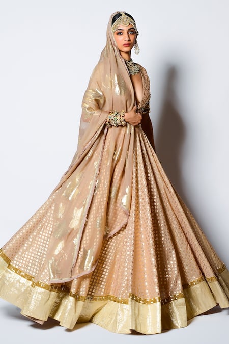 Buy_Rishi and Vibhuti_Gold Chanderi Silk Floral Motifs And Sequin V Neck Malang Bridal Lehenga Set _Online_at_Aza_Fashions
