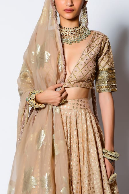 Shop_Rishi and Vibhuti_Gold Chanderi Silk Floral Motifs And Sequin V Neck Malang Bridal Lehenga Set _Online_at_Aza_Fashions