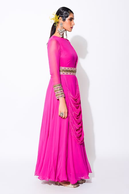 Rishi and Vibhuti_Pink Georgette Cutdana Boat Charlotte Draped Anarkali With Belt_Online_at_Aza_Fashions