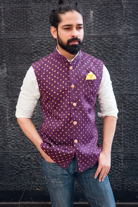Shop_Seirra Thakur_Purple Silk Geometric Pattern Bundi_at_Aza_Fashions