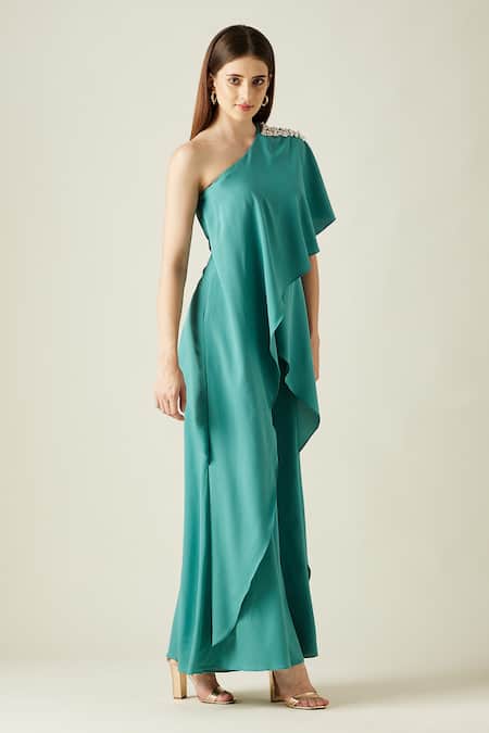 Aakaar_Green Moss Crepe Pearls One Shoulder Layered Embellished Jumpsuit _Online_at_Aza_Fashions
