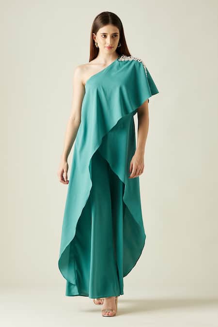 Buy_Aakaar_Green Moss Crepe Pearls One Shoulder Layered Embellished Jumpsuit _Online_at_Aza_Fashions