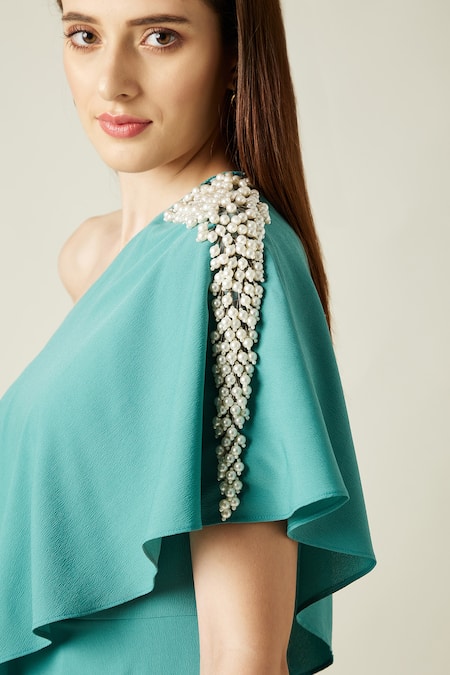 Shop_Aakaar_Green Moss Crepe Pearls One Shoulder Layered Embellished Jumpsuit _Online_at_Aza_Fashions